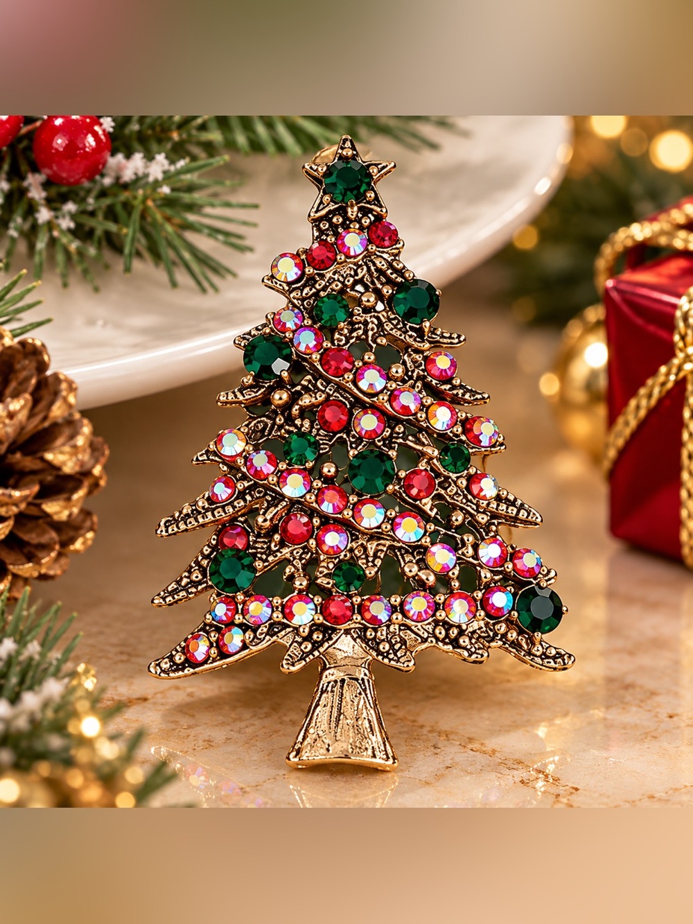 Christmas Tree Rhinestone Brooch | Festive Holiday Statement Pin| Fifi’s Closet